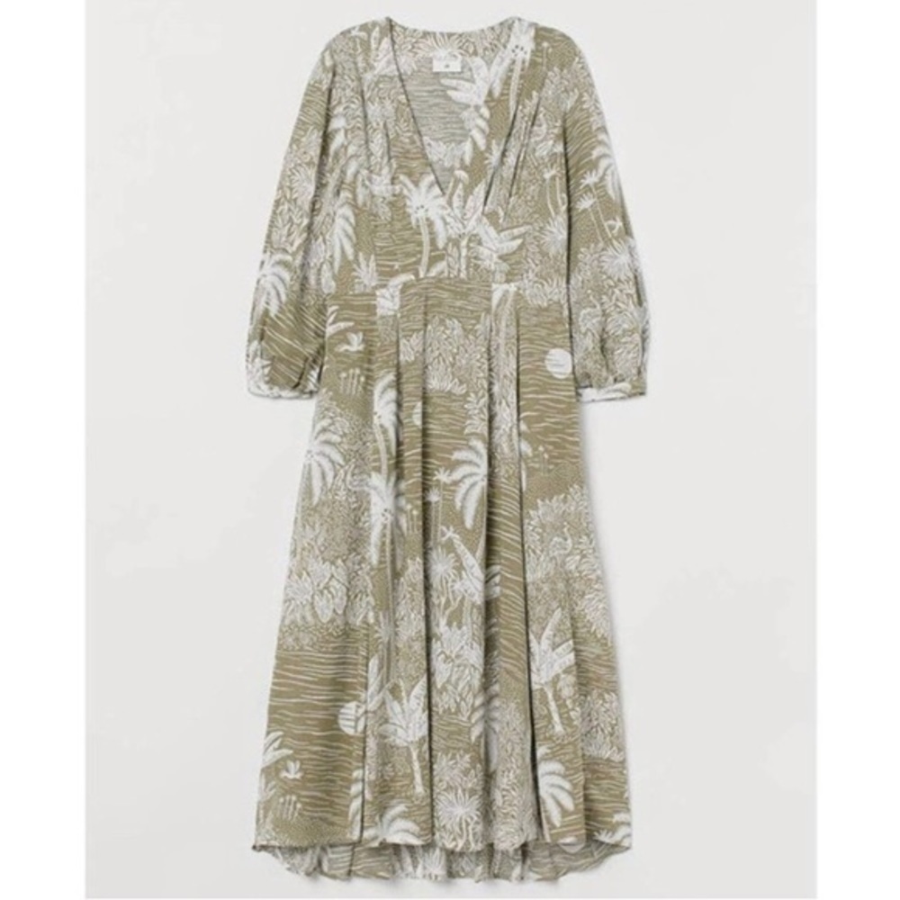 Desmond & Dempsey X H&M Green White Tropical Palm Print Linen Blend Midi Dress S - Picture 3 of 15